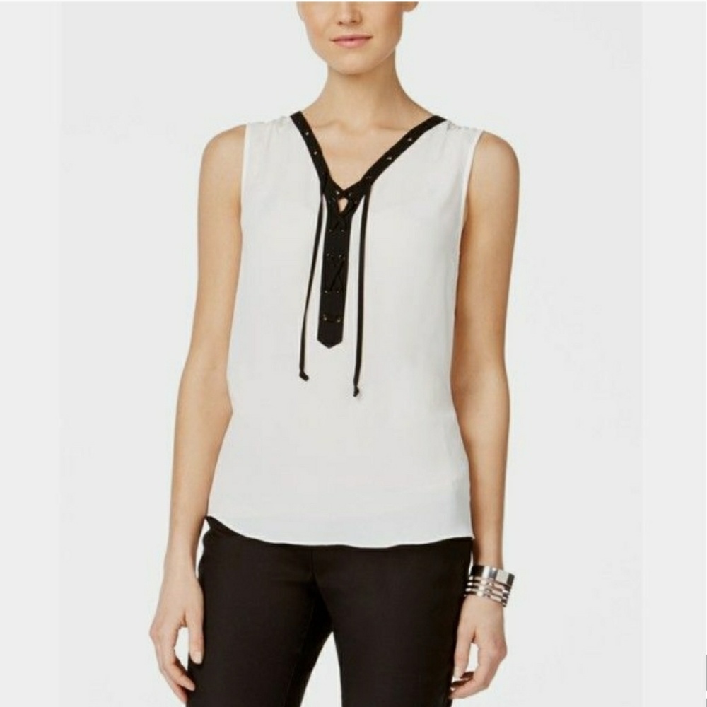 INC Contrast Trim Sleeveless Lace-up blouse NWT 8